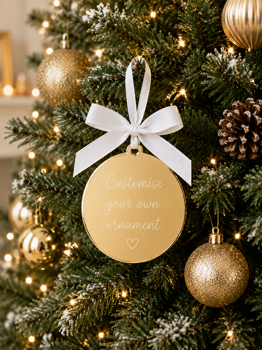 Engrave-able flat hanging ornament acrylic bauble mirror 1 side pendant with white ribbon