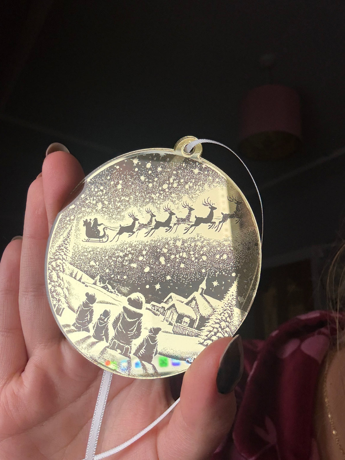 Engrave-able flat hanging ornament acrylic bauble mirror 1 side pendant with white ribbon