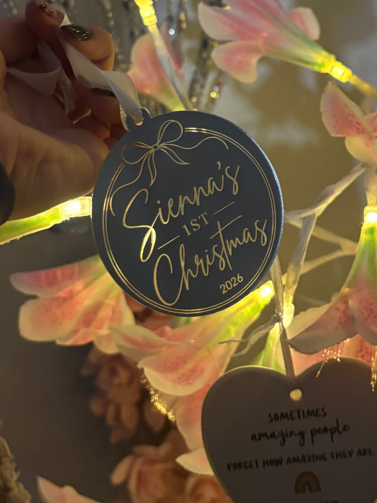 Engrave-able flat hanging ornament acrylic bauble mirror 1 side pendant with white ribbon