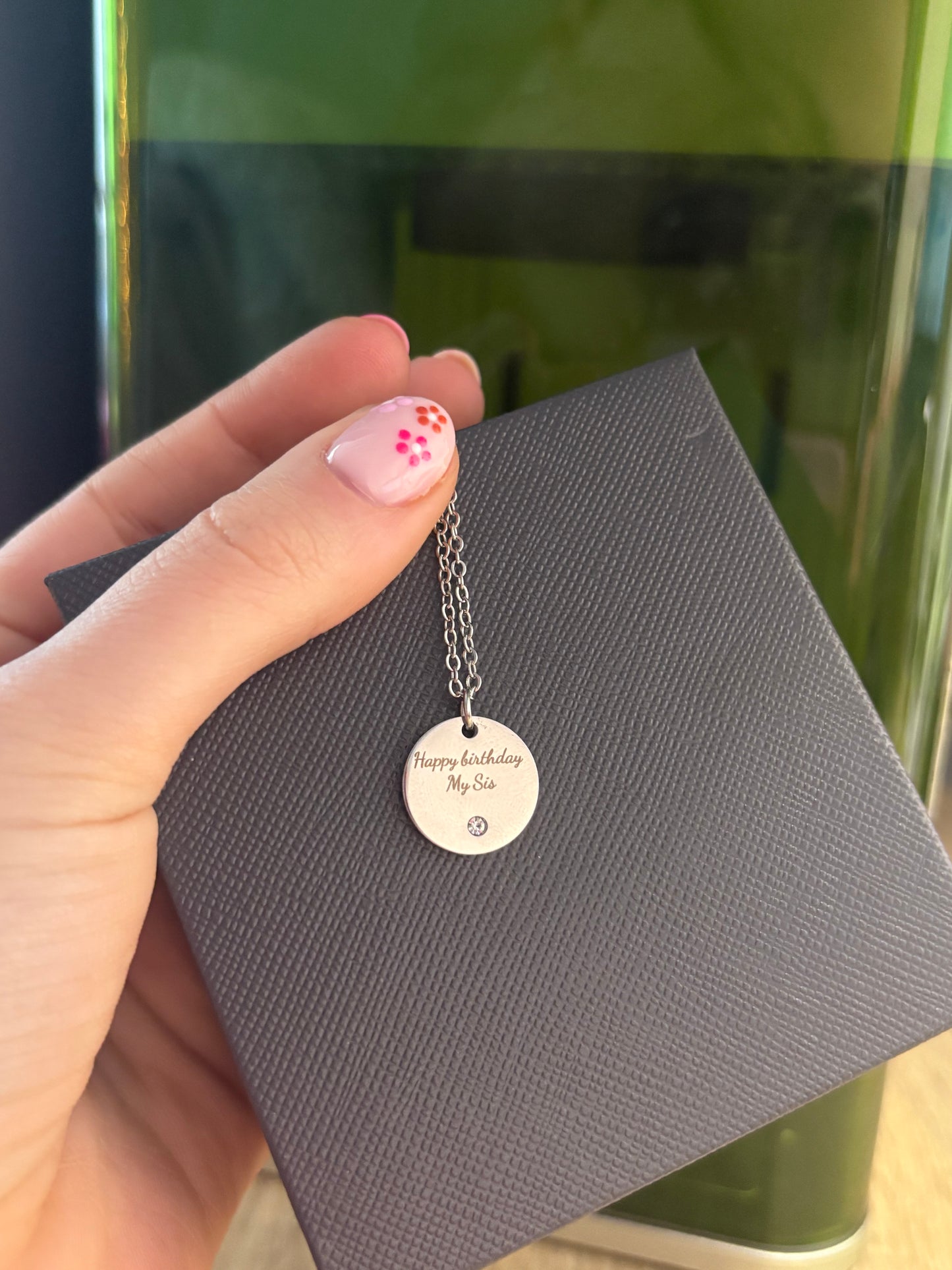 Engrave-able small circle gem pendant necklace (stainless steel)