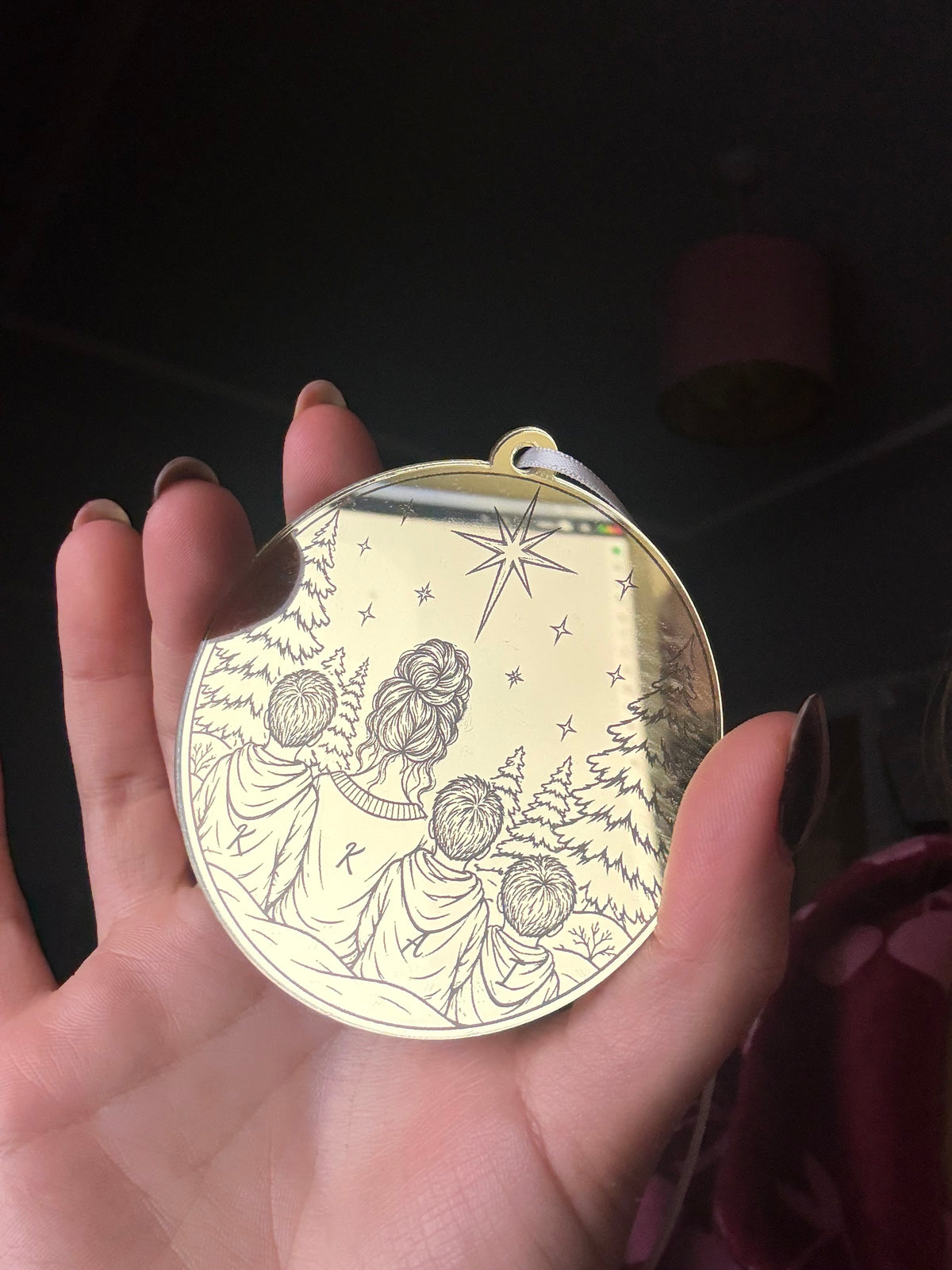 Engrave-able flat hanging ornament acrylic bauble mirror 1 side pendant with white ribbon